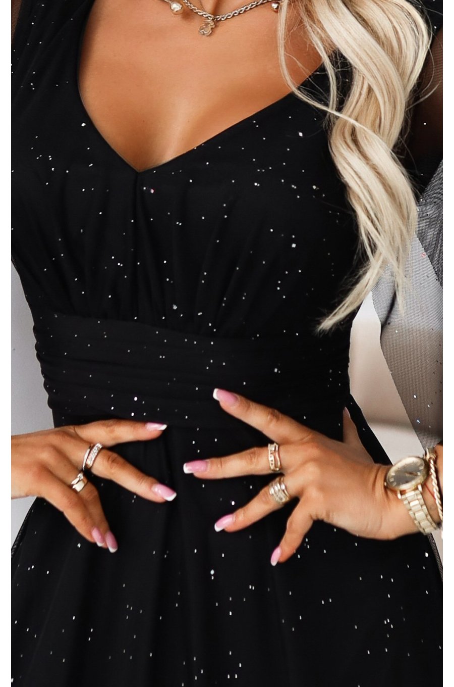 Rochie neagra lunga din brocard vaporoasa cu maneca lunga SheenyN 5 - jojofashion.ro