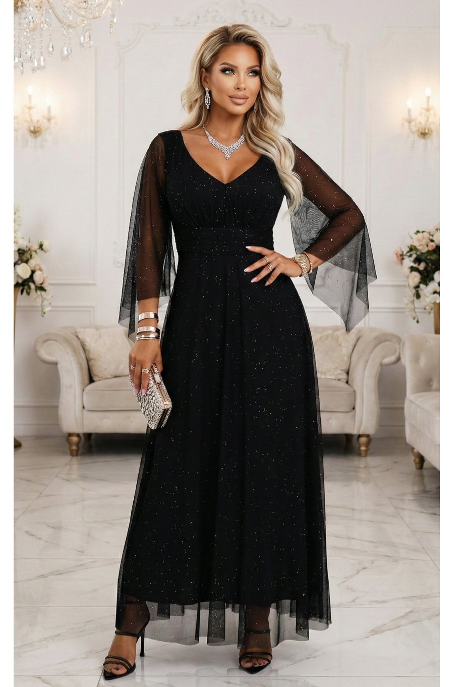 Rochie neagra lunga din brocard vaporoasa cu maneca lunga SheenyN 3 - jojofashion.ro
