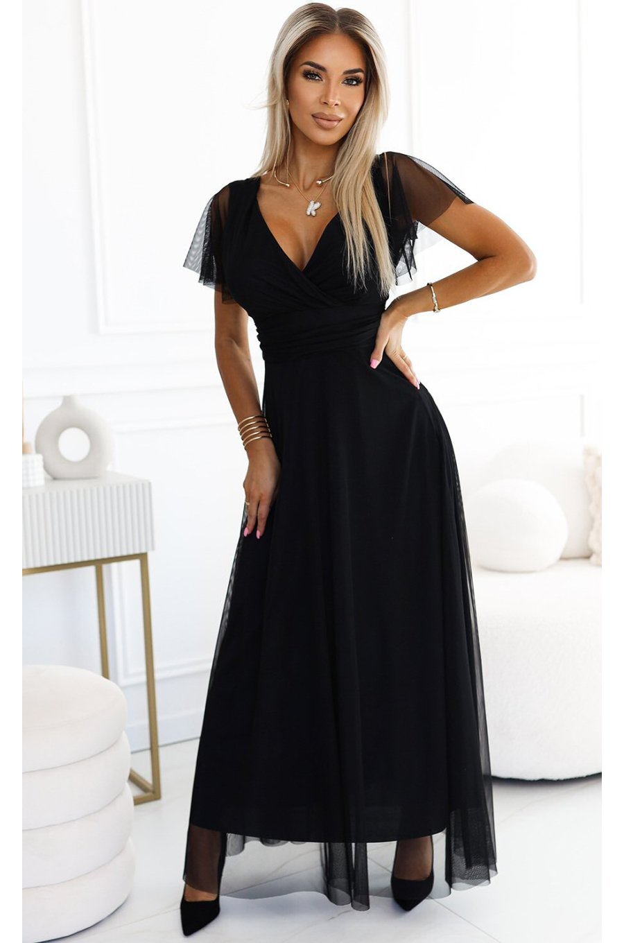 Rochie neagra lunga din tulle petrecuta cu maneca scurta vaporoasa NastiaN 1 - jojofashion.ro