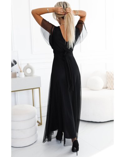 Rochii, Rochie neagra lunga din tulle petrecuta cu maneca scurta vaporoasa NastiaN - jojofashion.ro