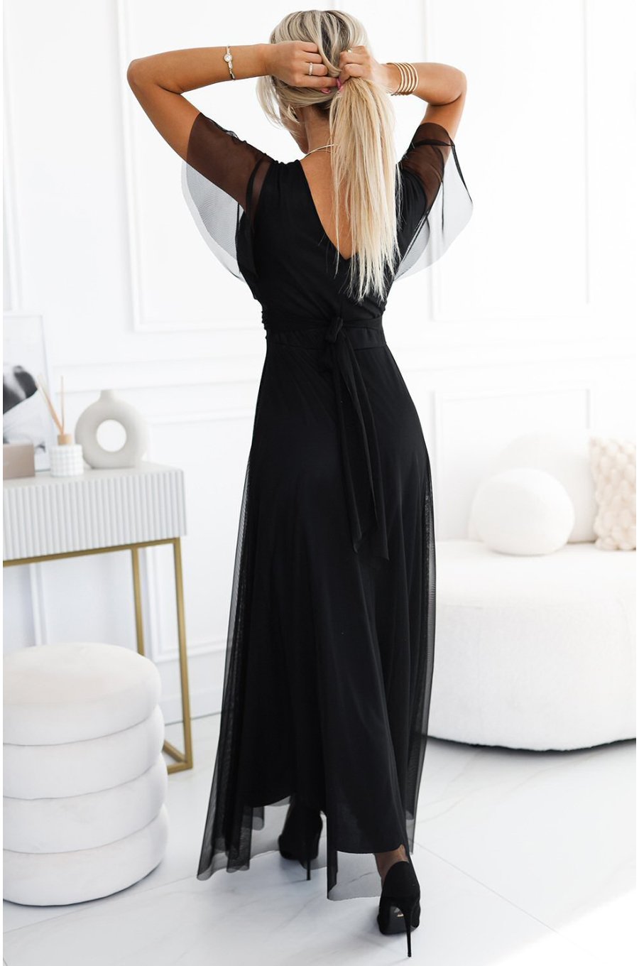 Rochie neagra lunga din tulle petrecuta cu maneca scurta vaporoasa NastiaN 2 - jojofashion.ro