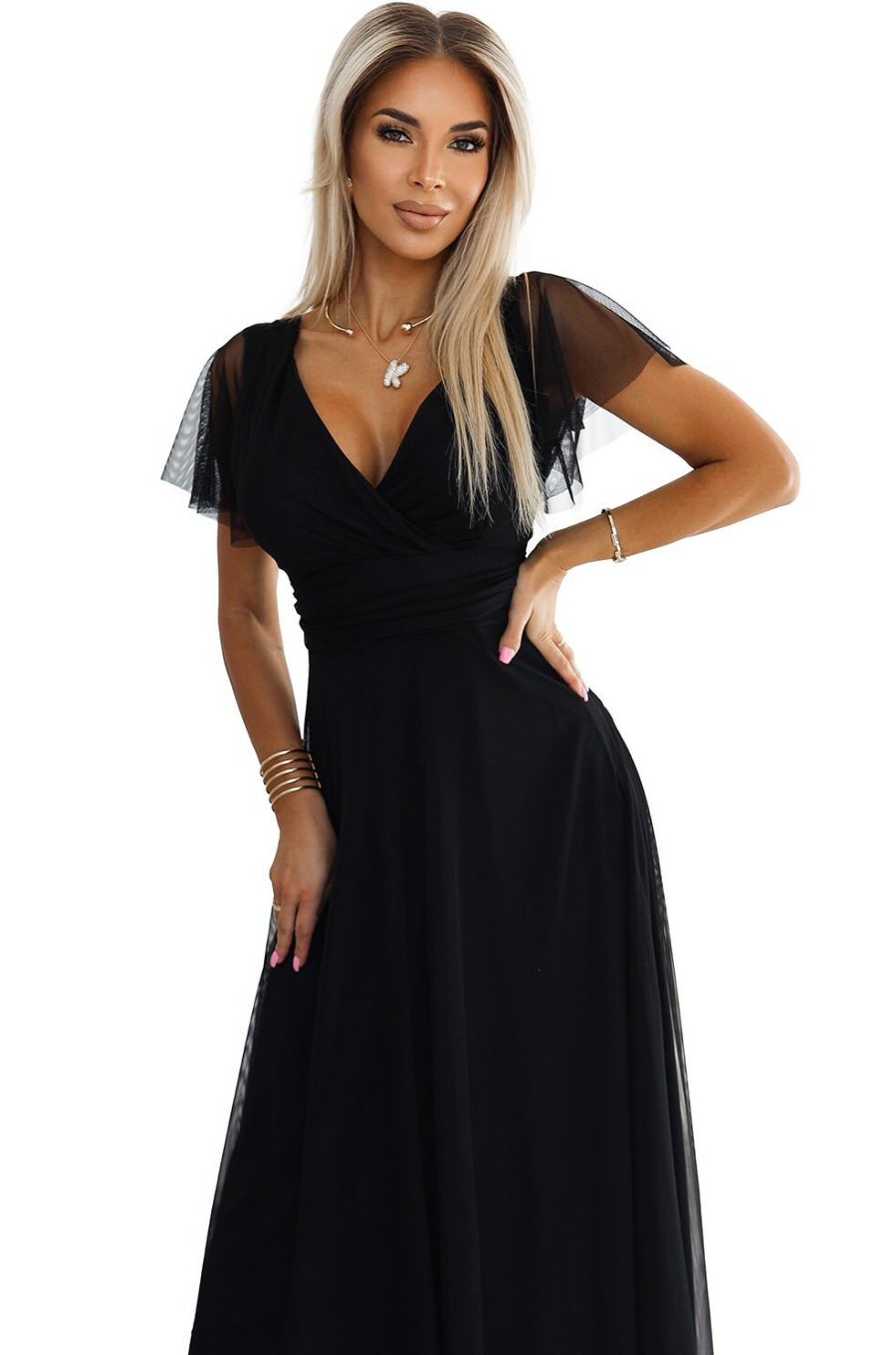 Rochie neagra lunga din tulle petrecuta cu maneca scurta vaporoasa NastiaN 4 - jojofashion.ro