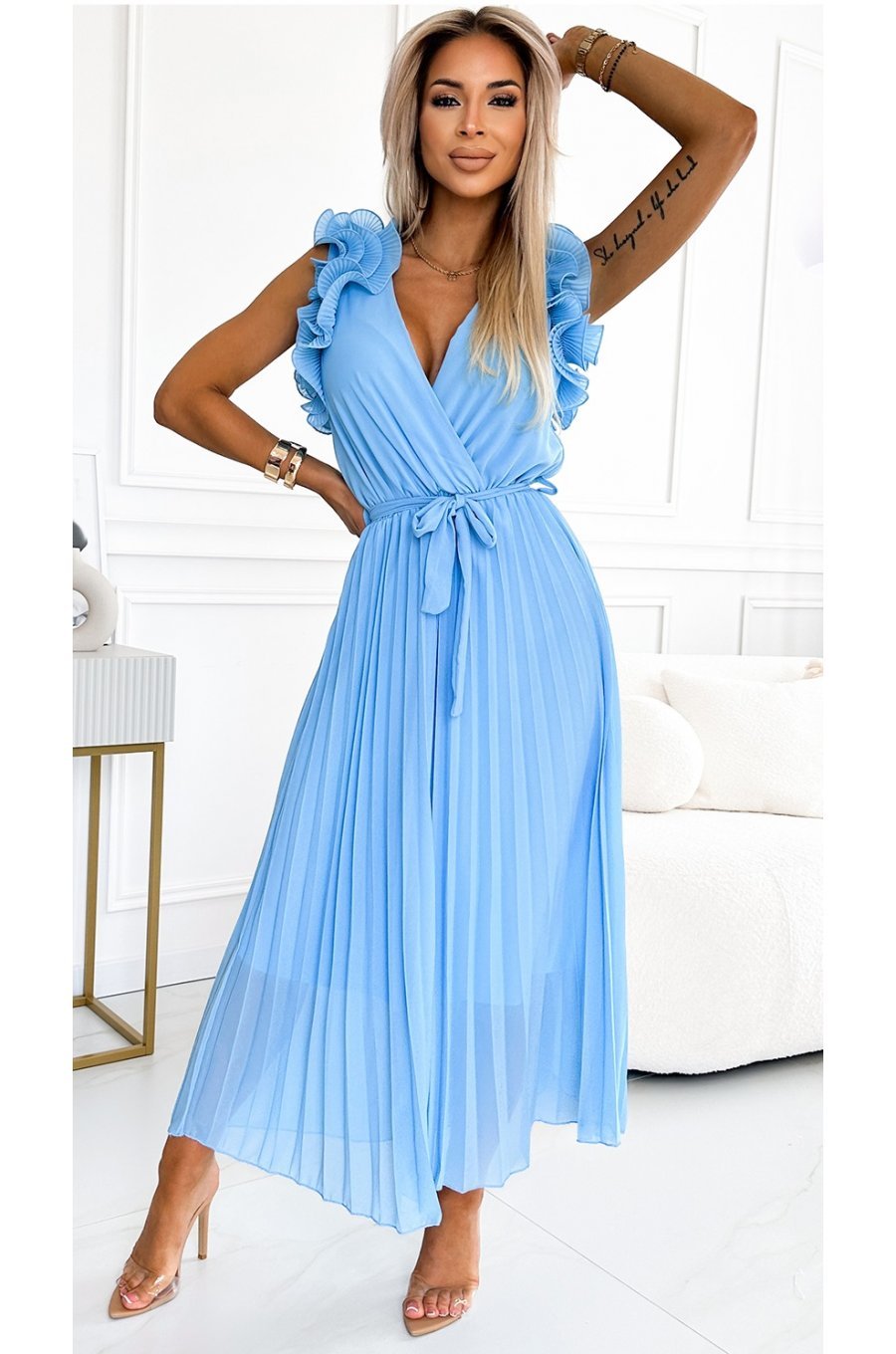 Rochie lunga plisata din chiffon baby blue cu volane vaporoasa Kamra 1 - jojofashion.ro