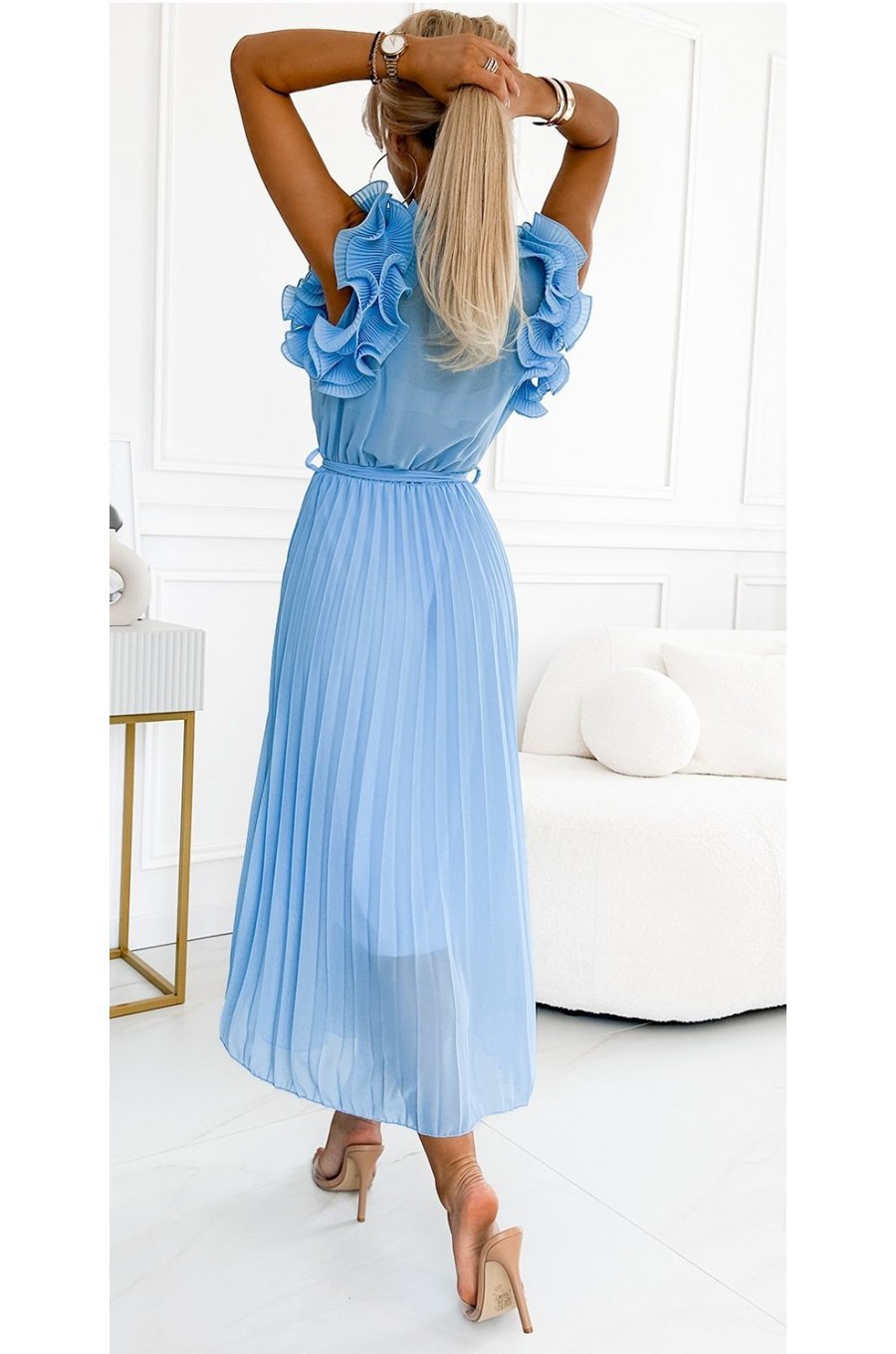 Rochie lunga plisata din chiffon baby blue cu volane vaporoasa Kamra 2 - jojofashion.ro