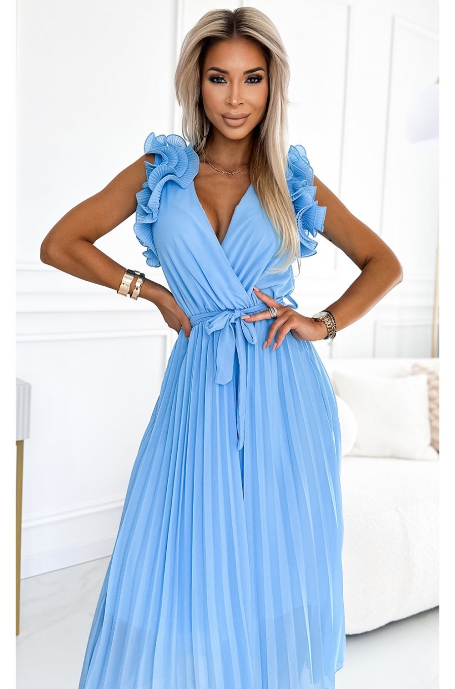 Rochie lunga plisata din chiffon baby blue cu volane vaporoasa Kamra 3 - jojofashion.ro
