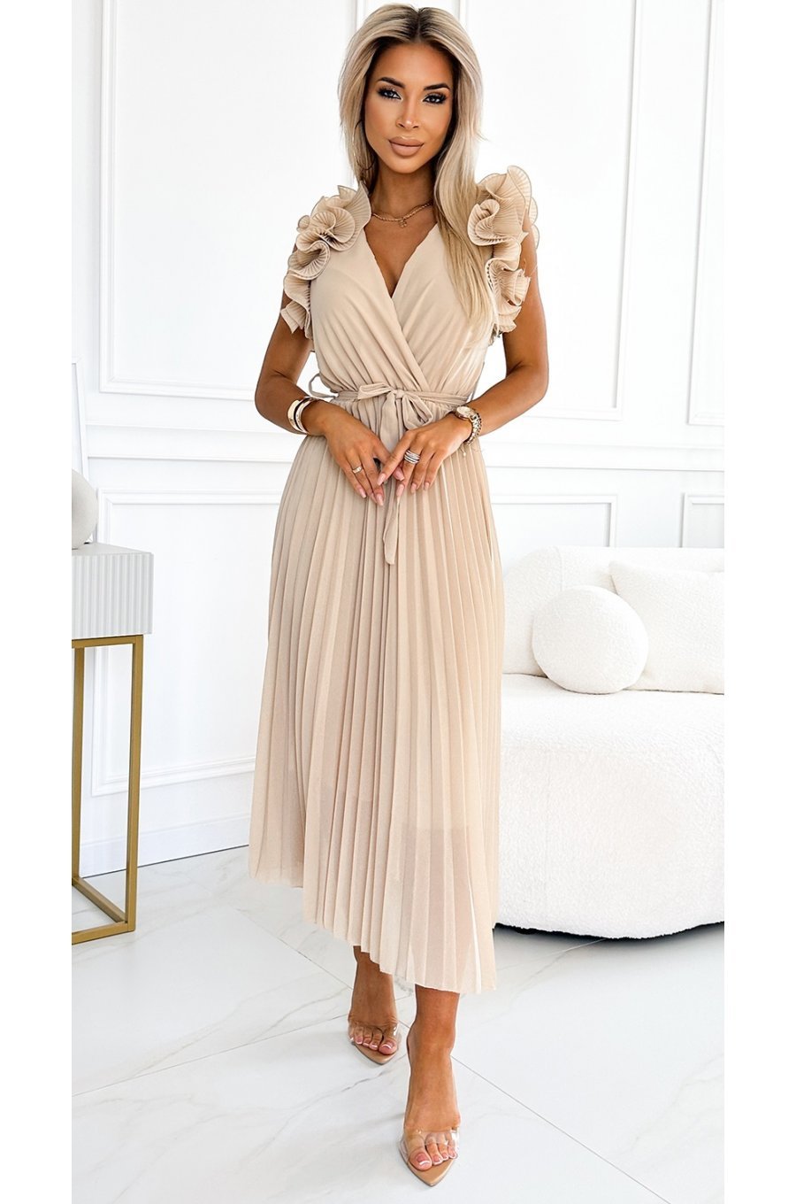 Rochie lunga plisata din chiffon bej cu volane vaporoasa Kamra 1 - jojofashion.ro