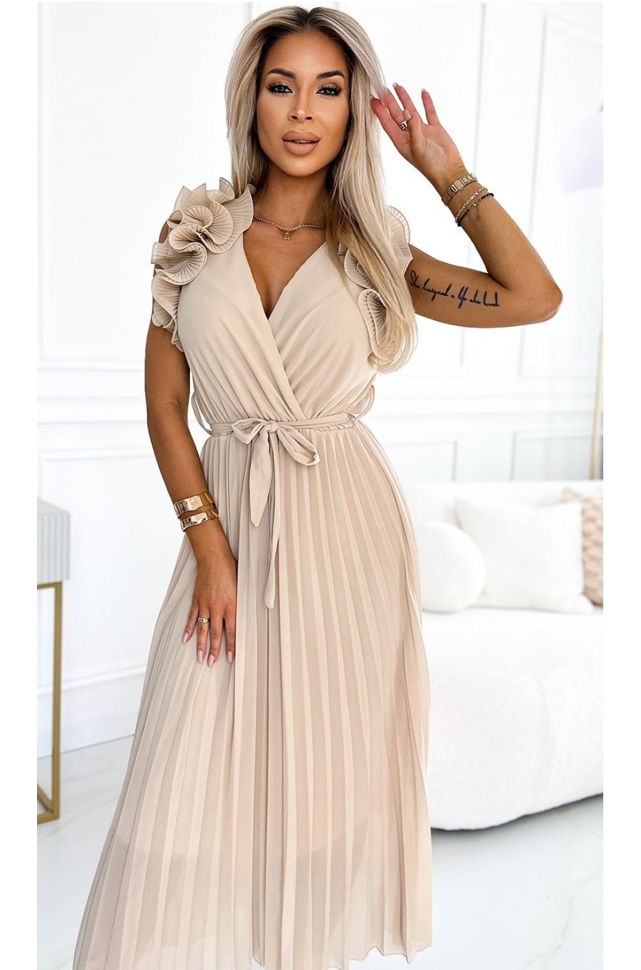 Rochie lunga plisata din chiffon bej cu volane vaporoasa Kamra 3 - jojofashion.ro