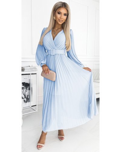 Rochie plisata lunga, din voal chiffon, bleu, cu maneca lunga, vaporoasa, Vaneira Rochii lungi, Rochie plisata lunga, din voal chiffon, bleu, cu maneca lunga, vaporoasa, Vaneira - jojofashion.ro