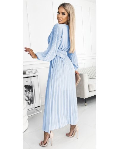 Rochie plisata lunga, din voal chiffon, bleu, cu maneca lunga, vaporoasa, Vaneira Rochii lungi, Rochie plisata lunga, din voal chiffon, bleu, cu maneca lunga, vaporoasa, Vaneira - jojofashion.ro