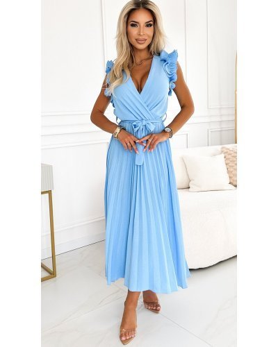 Rochie din voal lunga baby blue plisata cu volane vaporoasa Aleyna Rochii de vara, Rochie din voal lunga baby blue plisata cu volane vaporoasa Aleyna - jojofashion.ro