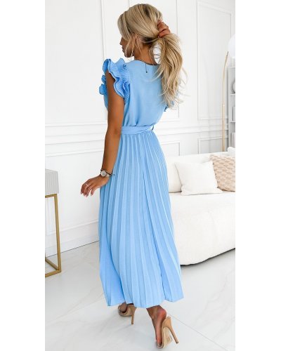 Rochie din voal lunga baby blue plisata cu volane vaporoasa Aleyna Rochii de vara, Rochie din voal lunga baby blue plisata cu volane vaporoasa Aleyna - jojofashion.ro