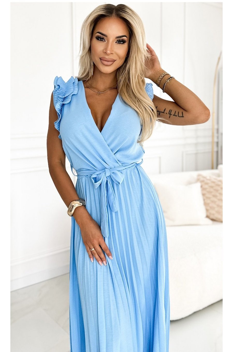 Rochie din voal lunga baby blue plisata cu volane vaporoasa Aleyna 3 - jojofashion.ro