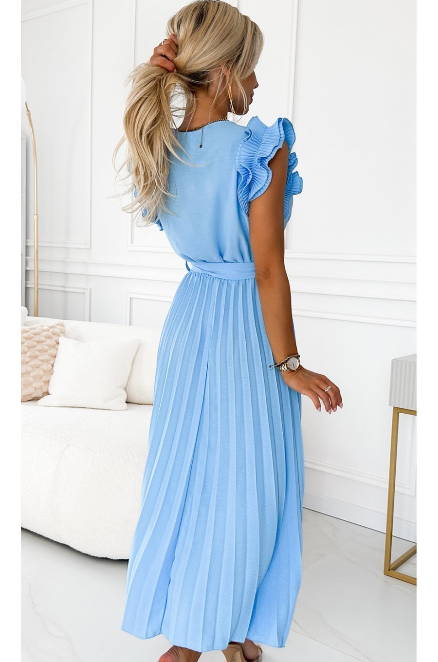 Rochie din voal lunga baby blue plisata cu volane vaporoasa Aleyna 4 - jojofashion.ro