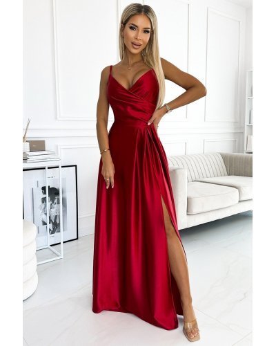 Rochie lunga rosie din satin crapata pe picior Scarlett Rochii lungi, Rochie lunga rosie din satin crapata pe picior Scarlett - jojofashion.ro