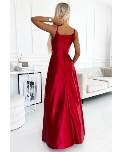 Rochie lunga rosie din satin crapata pe picior Scarlett Rochii lungi, Rochie lunga rosie din satin crapata pe picior Scarlett - jojofashion.ro