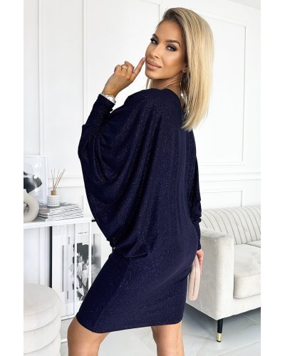 Rochie scurta din glitter bleumarin cu maneca lunga tip liliac Deandra Rochii scurte, Rochie scurta din glitter bleumarin cu maneca lunga tip liliac Deandra - jojofashion.ro