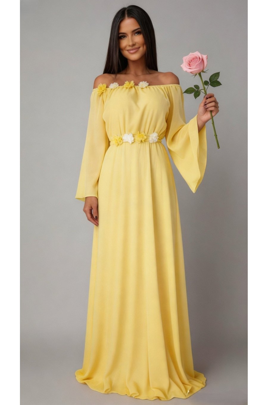 Rochie lunga galbena din voal vaporoasa AngelD 1 - jojofashion.ro