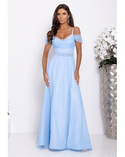 Rochii de nunta, Rochie eleganta lunga din tulle baby blue cu umerii goi vaporoasa KiaraW - jojofashion.ro