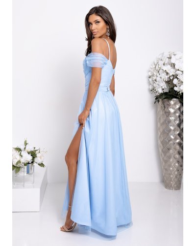Rochii de nunta, Rochie eleganta lunga din tulle baby blue cu umerii goi vaporoasa KiaraW - jojofashion.ro