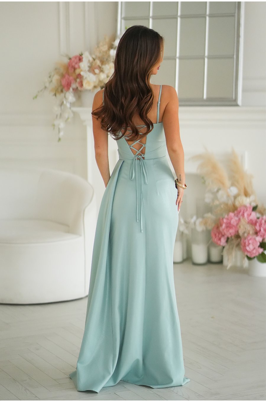 Rochie eleganta lunga menta cu glitter mulata cu umeri goi Luxurious 2 - jojofashion.ro