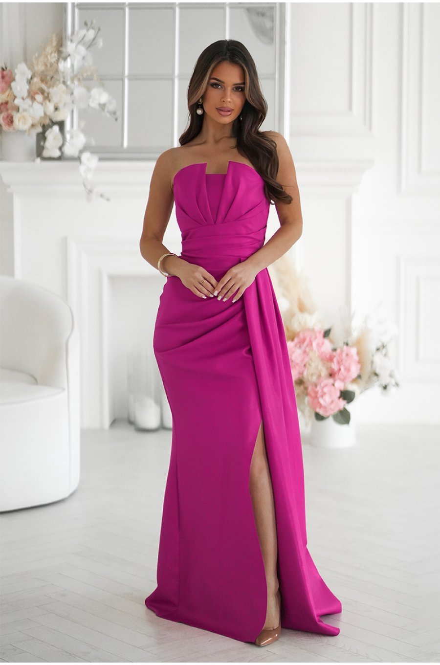 Rochie eleganta lunga roz fucsia cu glitter mulata cu umeri goi Luxurious 1 - jojofashion.ro
