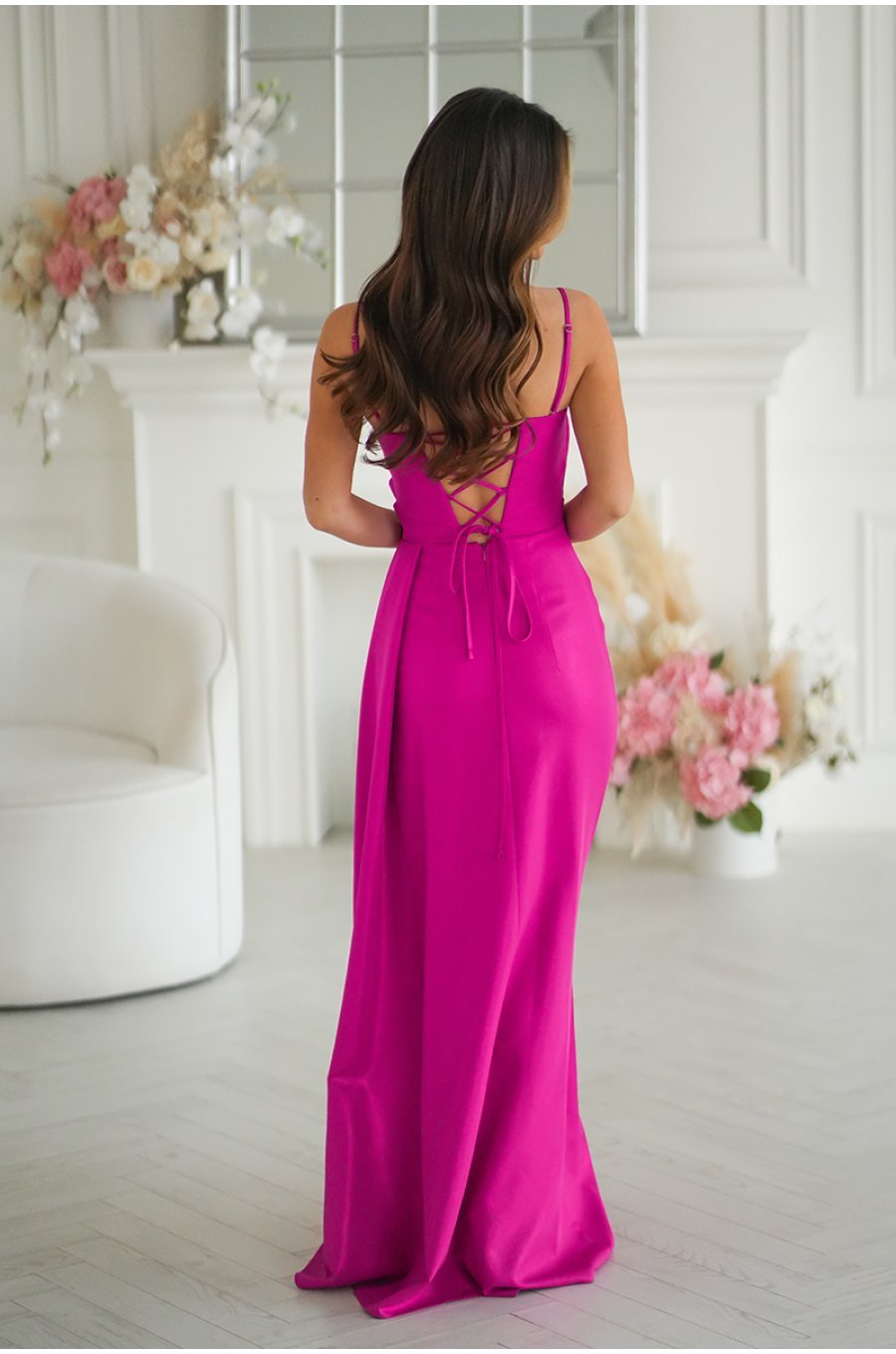 Rochie eleganta lunga roz fucsia cu glitter mulata cu umeri goi Luxurious 2 - jojofashion.ro