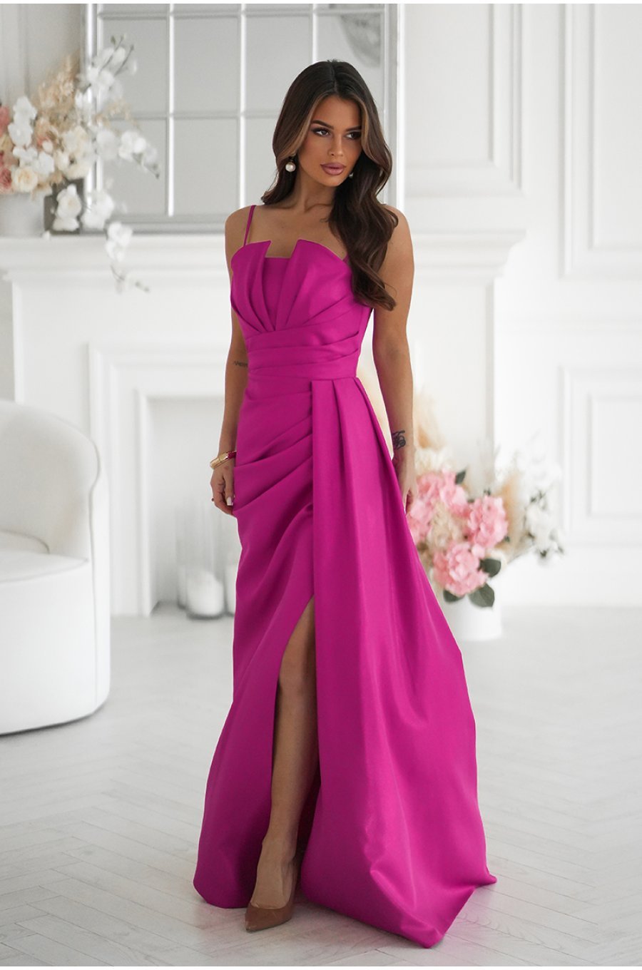 Rochie eleganta lunga roz fucsia cu glitter mulata cu umeri goi Luxurious 5 - jojofashion.ro