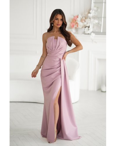 Rochii de nunta, Rochie eleganta lunga roz pudra cu glitter mulata cu umeri goi Luxurious - jojofashion.ro