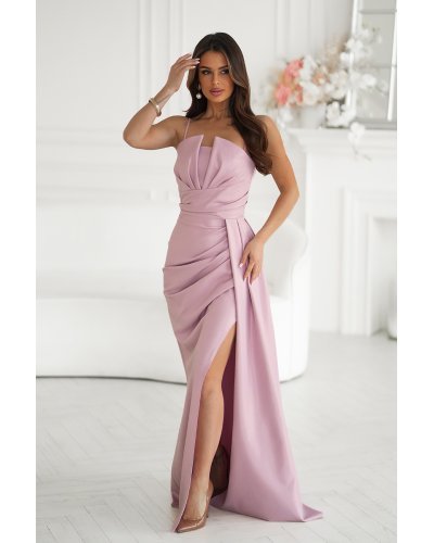 Rochii de nunta, Rochie eleganta lunga roz pudra cu glitter mulata cu umeri goi Luxurious - jojofashion.ro