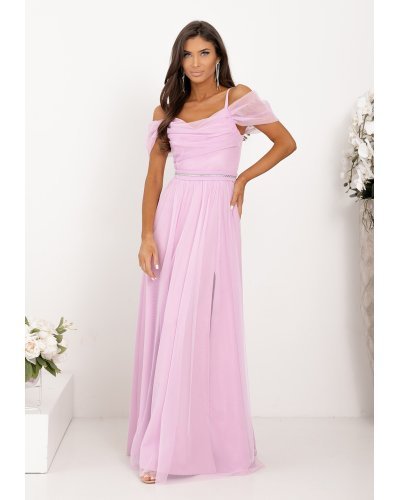 Rochii de Ocazie Elegante, Rochie eleganta lunga tulle lila cu umerii goi vaporoasa KiaraW - jojofashion.ro