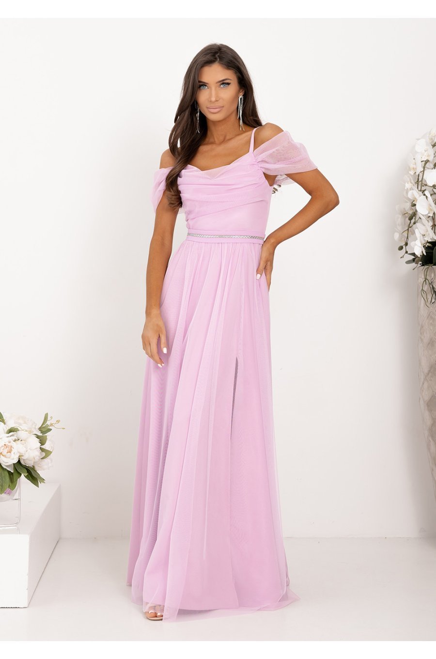 Rochie eleganta lunga tulle lila cu umerii goi vaporoasa KiaraW 1 - jojofashion.ro