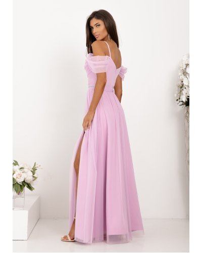 Rochii de Ocazie Elegante, Rochie eleganta lunga tulle lila cu umerii goi vaporoasa KiaraW - jojofashion.ro