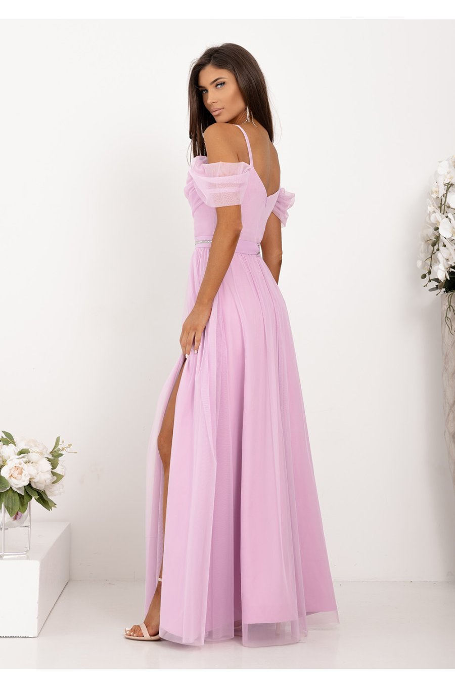 Rochie eleganta lunga tulle lila cu umerii goi vaporoasa KiaraW 2 - jojofashion.ro