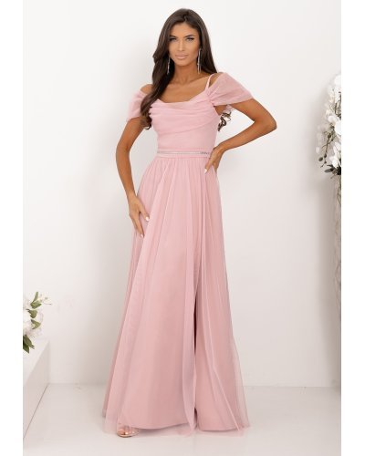 Rochii domnisoare de onoare, Rochie eleganta lunga tulle roz pudra cu umerii goi vaporoasa KiaraW - jojofashion.ro