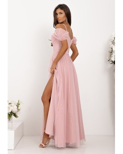 Rochii domnisoare de onoare, Rochie eleganta lunga tulle roz pudra cu umerii goi vaporoasa KiaraW - jojofashion.ro