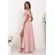 Rochie eleganta lunga tulle roz pudra cu umerii goi vaporoasa KiaraW 3 - jojofashion.ro