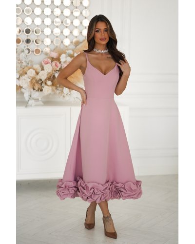 Rochii marimi mari, Rochie eleganta midi roz pudra cu volan tridimensional Jasmina - jojofashion.ro