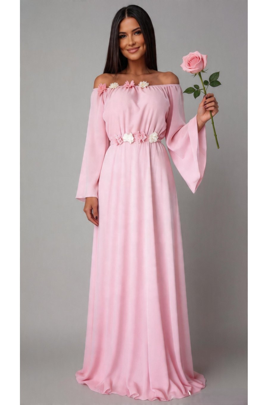 Rochie lunga din voal roz AngelD 1 - jojofashion.ro