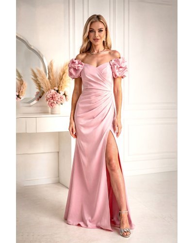 Rochii, Rochie lunga roz puda cu umerii goi si maneca 3D in stil spaniol Senorita - jojofashion.ro