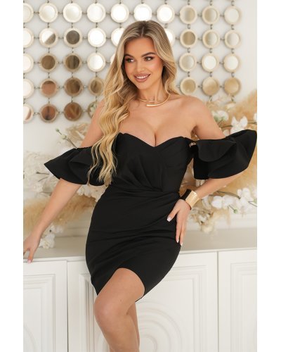 Rochii negre, Rochie neagra scurta mulata cu umerii goi si volane la maneca Ariana - jojofashion.ro