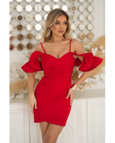 Rochii de Ocazie Elegante, Rochie de ocazie rosie scurta mulata cu umerii goi si volane la maneca Ariana - jojofashion.ro
