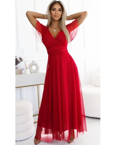 Rochii de nasa, Rochie rosie eleganta lunga din tulle vaporoasa NastiaN - jojofashion.ro