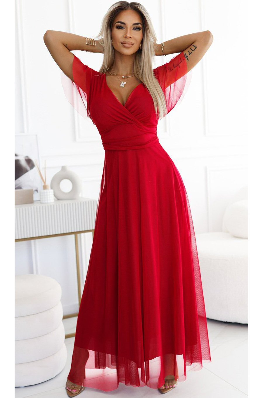 Rochie rosie eleganta lunga din tulle vaporoasa NastiaN 1 - jojofashion.ro