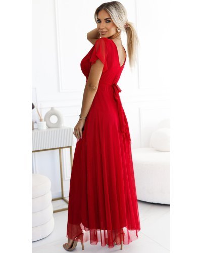 Rochii de nasa, Rochie rosie eleganta lunga din tulle vaporoasa NastiaN - jojofashion.ro