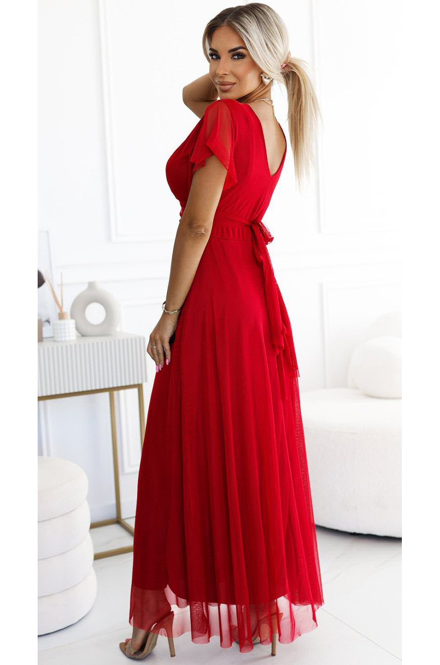 Rochie rosie eleganta lunga din tulle vaporoasa NastiaN 2 - jojofashion.ro