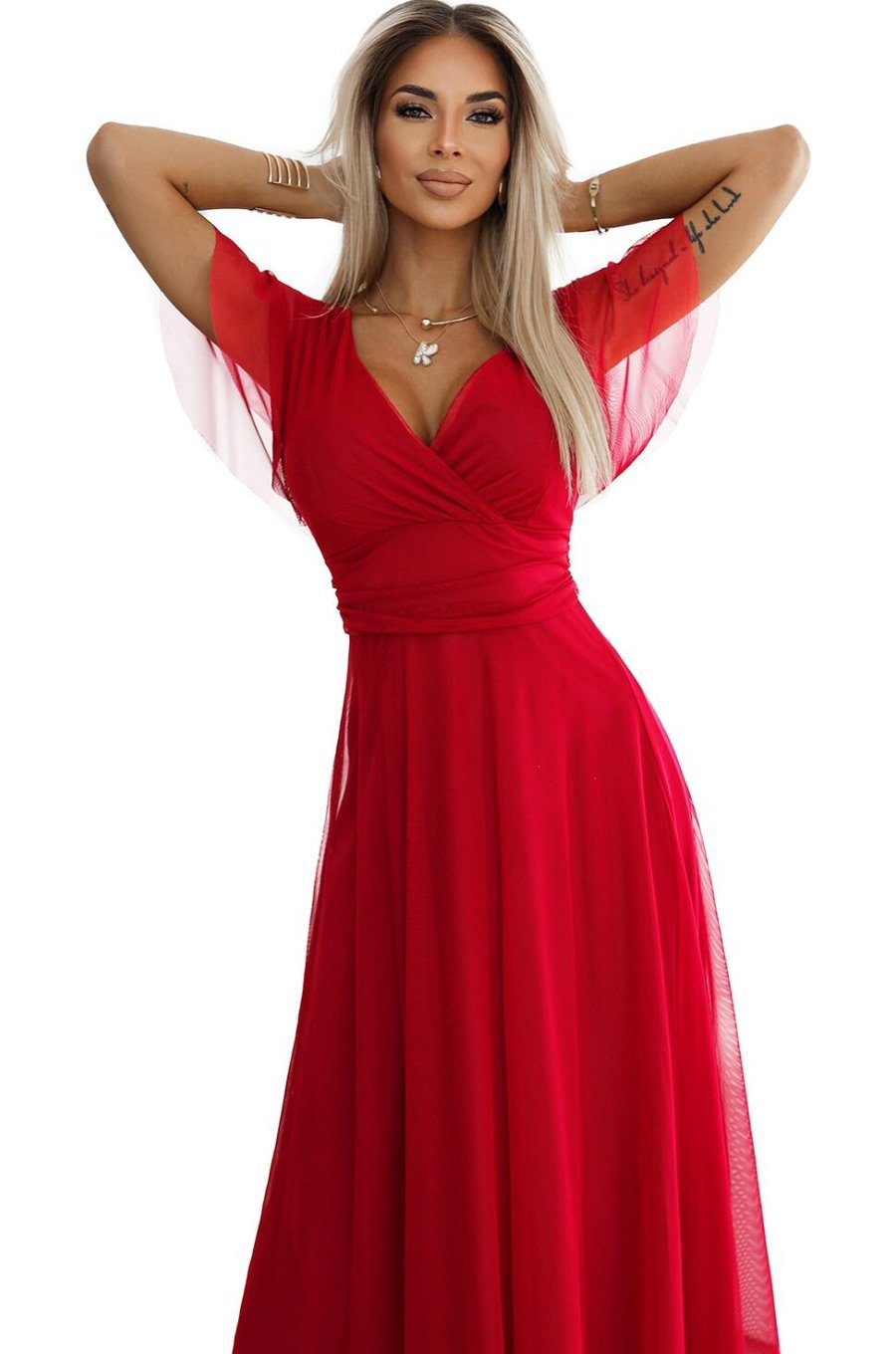 Rochie rosie eleganta lunga din tulle vaporoasa NastiaN 4 - jojofashion.ro