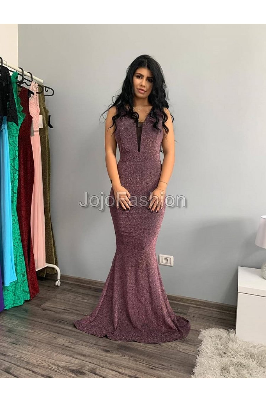 Rochie eleganta lunga lurex roz, sirena, Isra 1 - jojofashion.ro