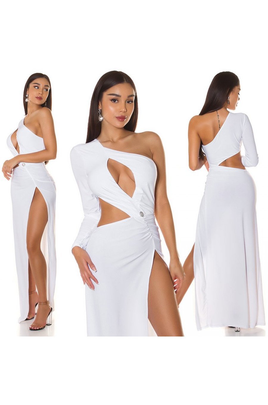 Rochie lunga alba mulata cu maneca lunga si umerii goi Kleopatra 6 - jojofashion.ro