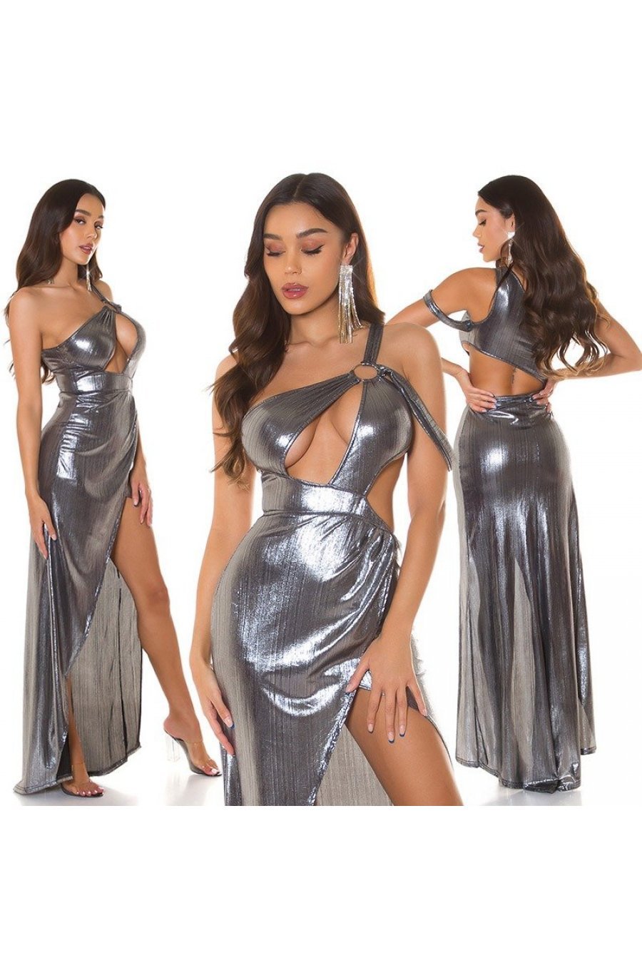 Rochie lunga argintie din glitter cu umerii goi Zaria Rochie lunga argintie din glitter cu umerii goi Zaria 8 - jojofashion.ro