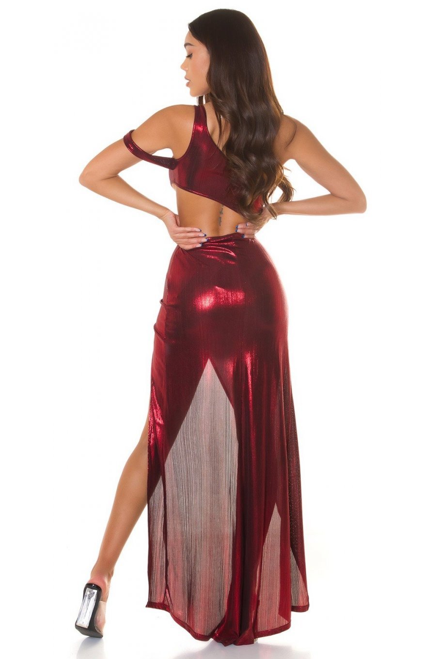 Rochie lunga rosie din glitter cu umerii goi asimetrica Zaria 4 - jojofashion.ro